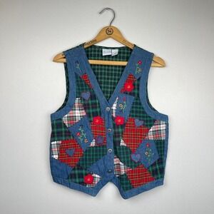 VTG 90s Patchwork Cottagecore Vest Top Grandmacore Medium Cotton Plaid Retro